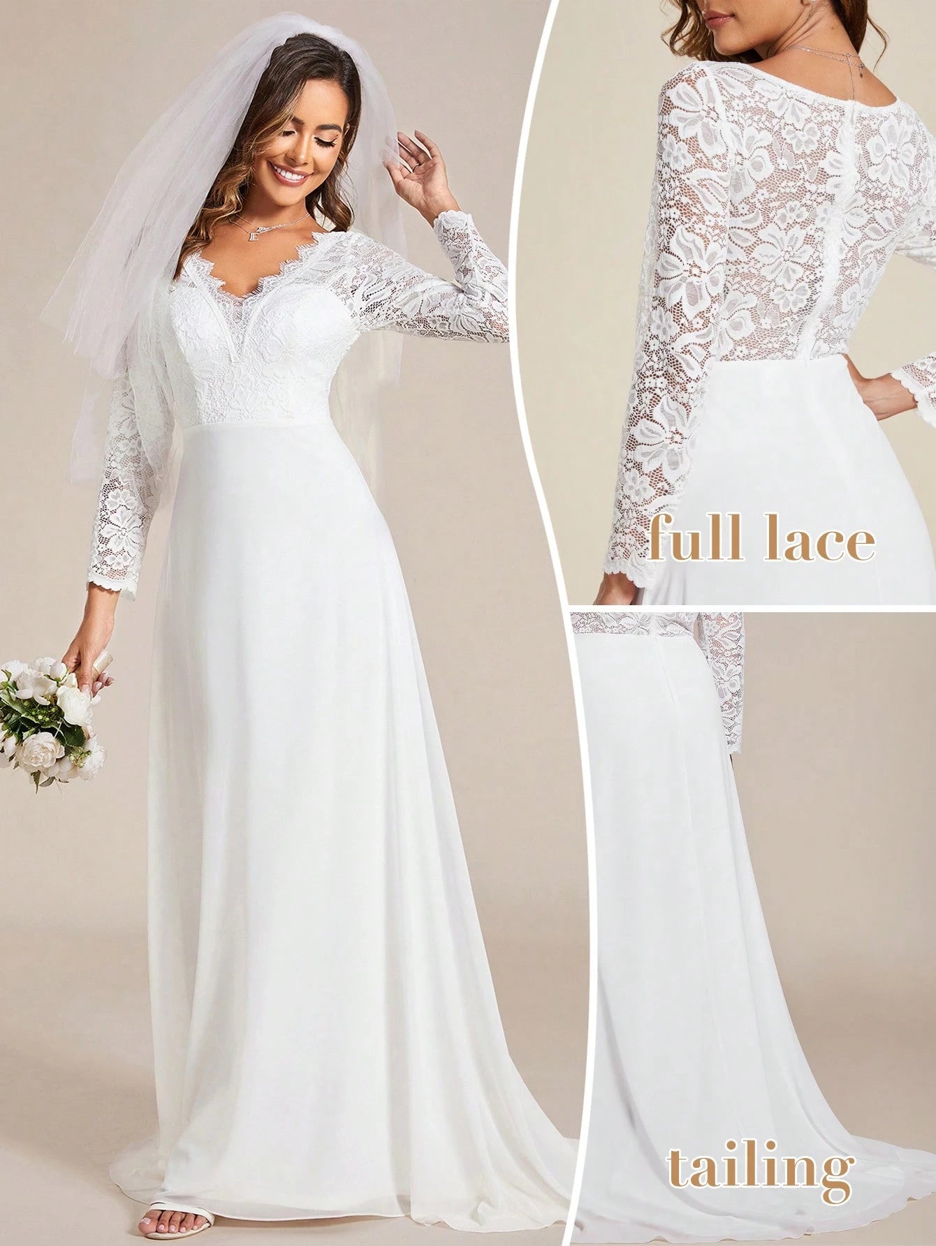 EVERPRETTY Contrast Color Lace V-Neck Floor-Length Wedding Dress With Train, White Elegant Long Sleeve Bridal