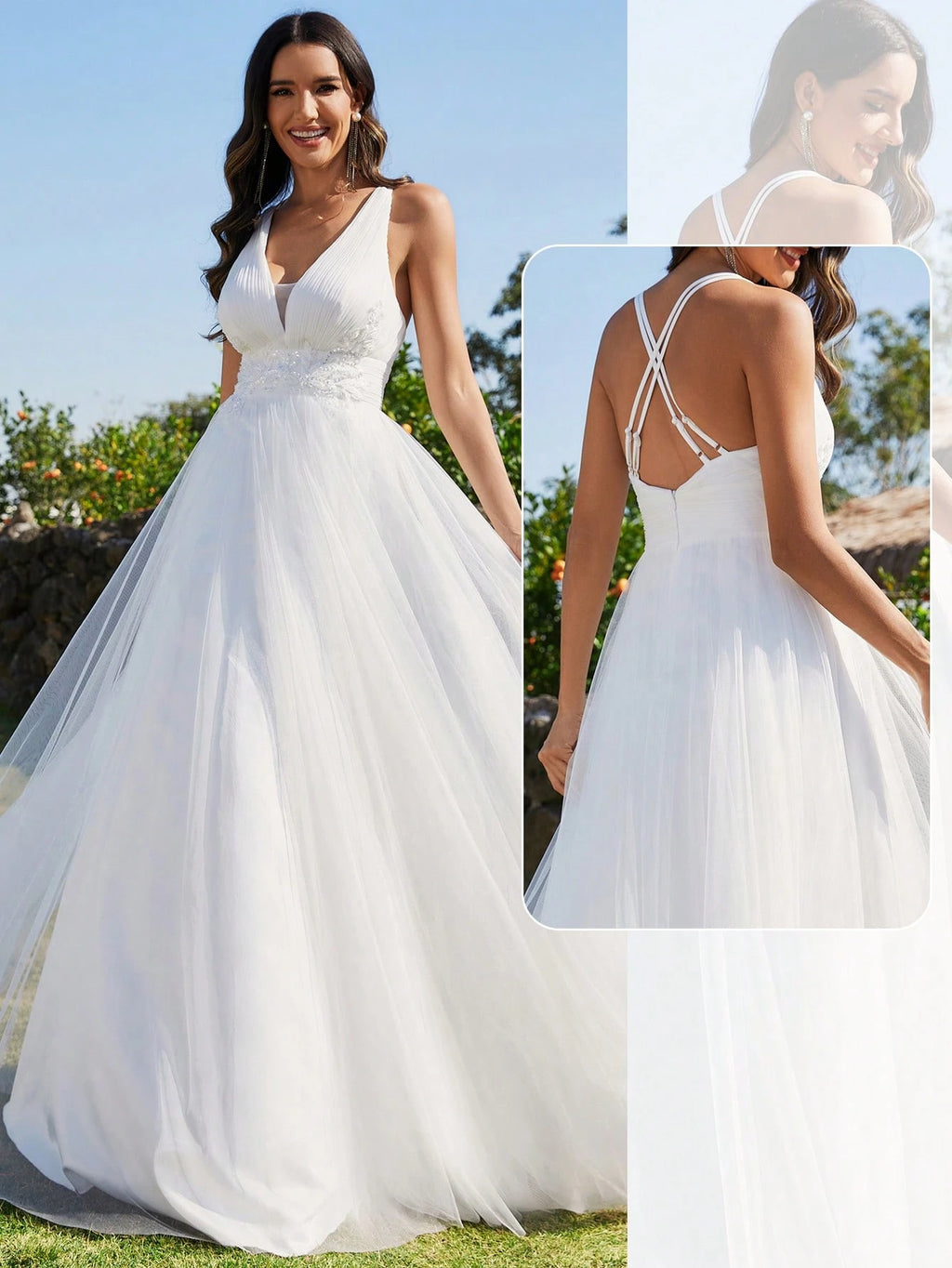 Sleeveless Waist Applique Criss-Cross Backless Tulle Wedding Dress White - image 3