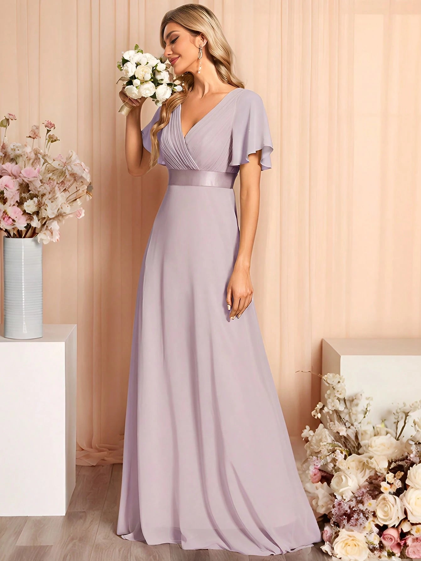 EVERPRETTY Elegant V-Neck Ruffle Butterfly Sleeve Pink Bridesmaid