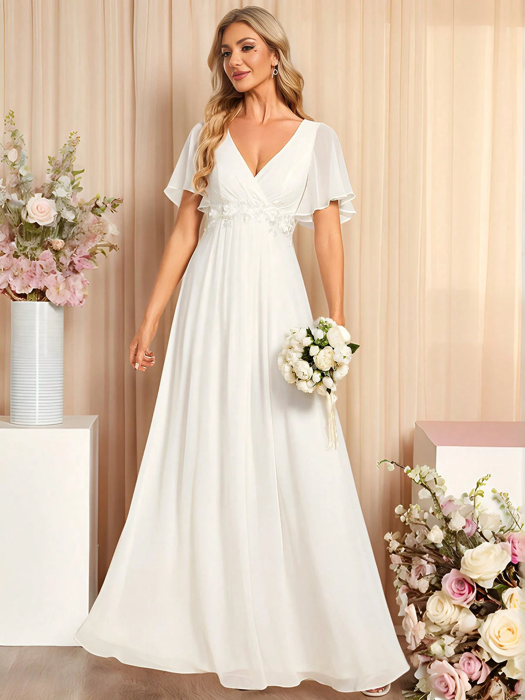 EVERPRETTY Elegant Chiffon V-Neck Short Sleeve Applique Party Dress, Bridal Wedding Gown, White Formal Dress,
