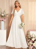 EVERPRETTY Elegant Chiffon V-Neck Short Sleeve Applique Party Dress, Bridal Wedding Gown, White Formal Dress,