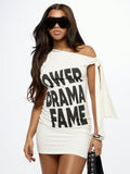 SUMWON WOMEN Slouchy Off Shoulder Graphic Print T-Shirt Mini Dress Statement Text Party Club Casual Urban