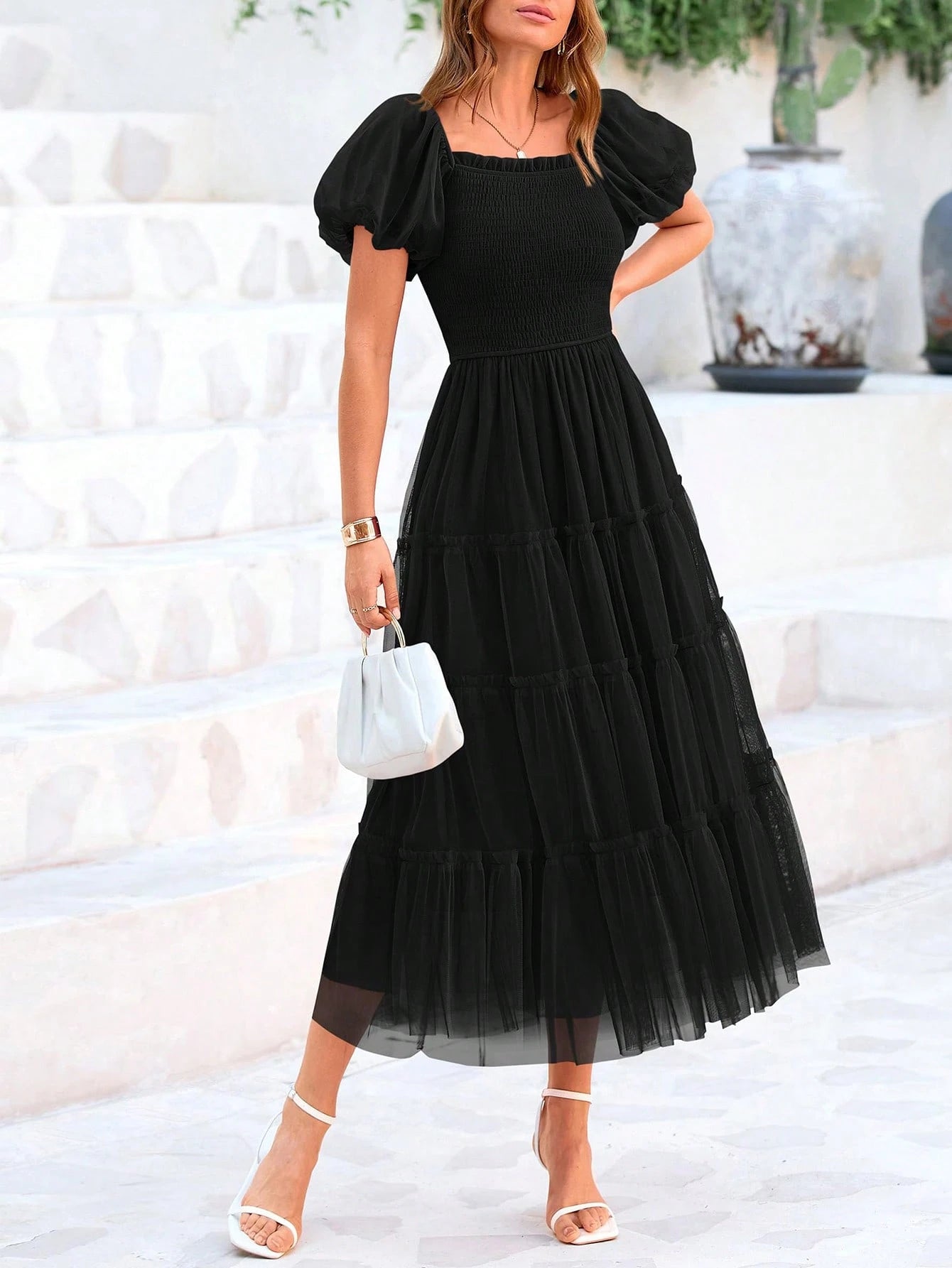 Women's Summer Pleated Mid-Length Tulle Dress Puffy Short Sleeve Square Collar Ruffled Wedding Guest - image 15
