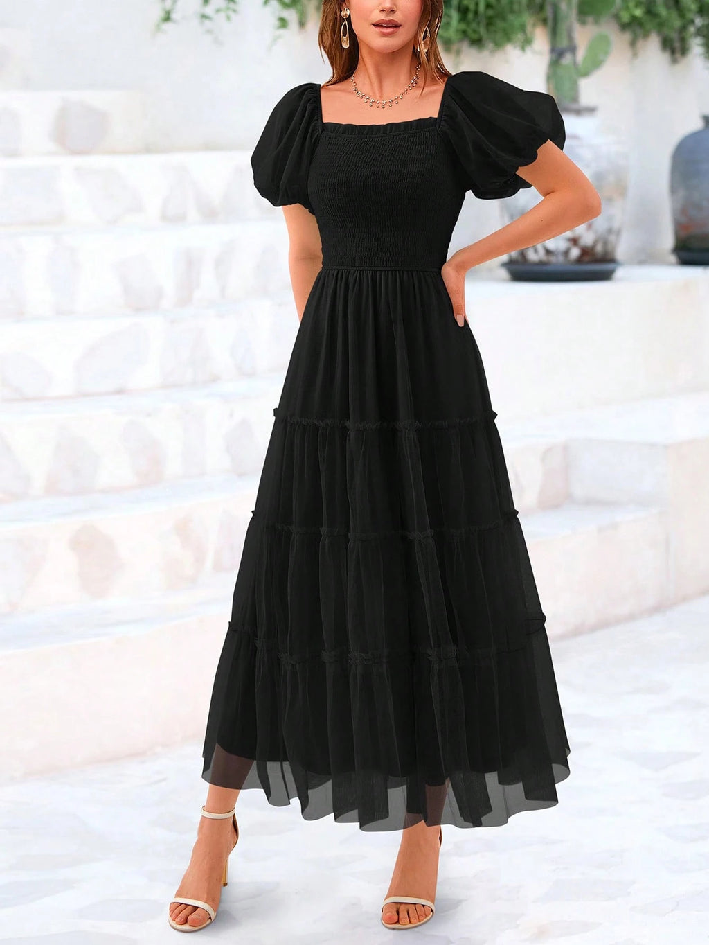 Women's Summer Pleated Mid-Length Tulle Dress Puffy Short Sleeve Square Collar Ruffled Wedding Guest - image 17