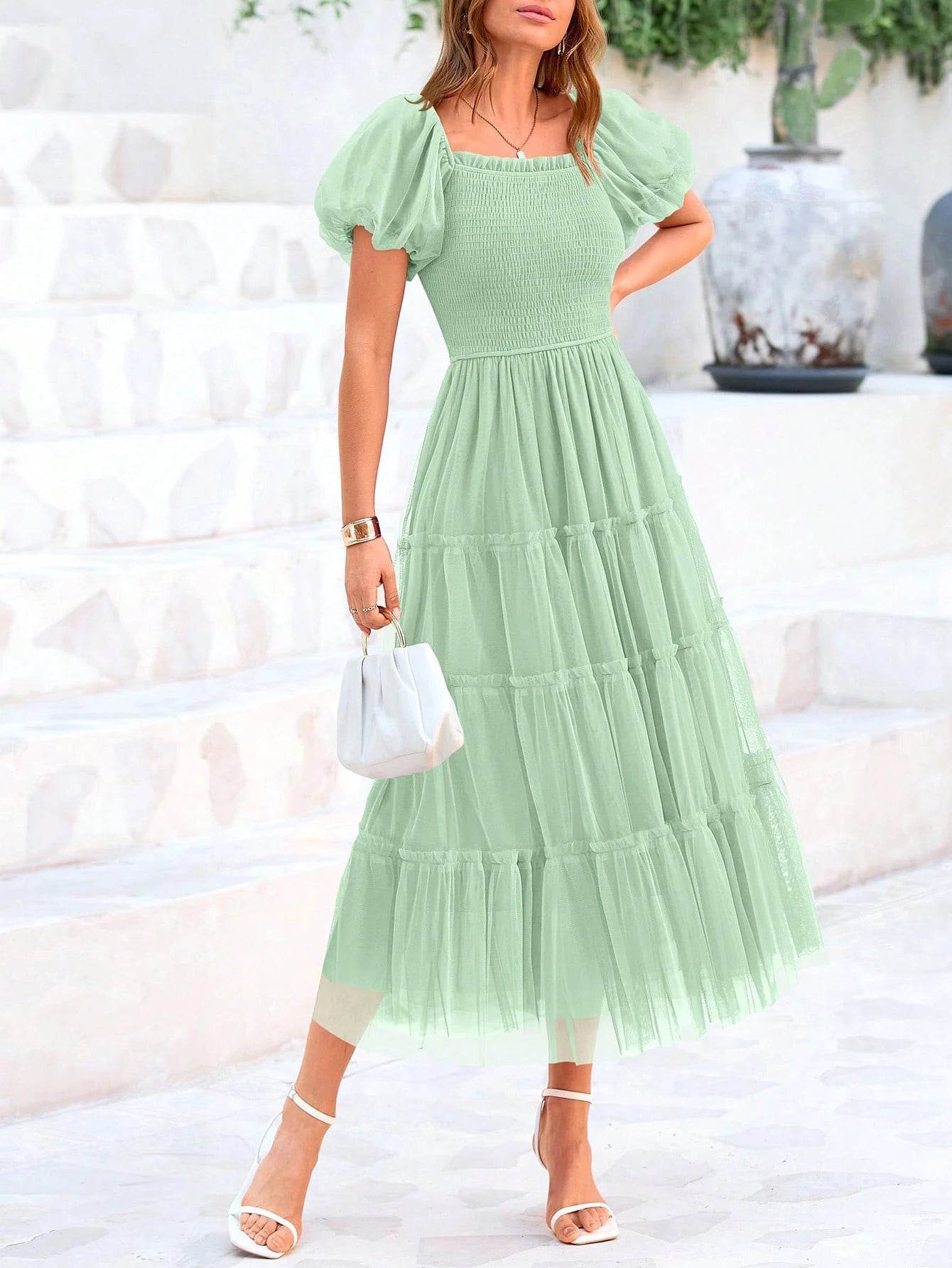 Women's Summer Pleated Mid-Length Tulle Dress Puffy Short Sleeve