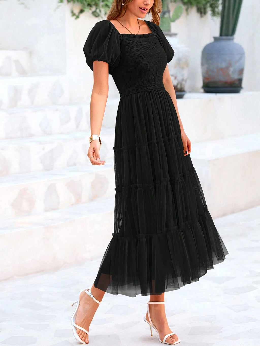 Women's Summer Pleated Mid-Length Tulle Dress Puffy Short Sleeve Square Collar Ruffled Wedding Guest - image 20