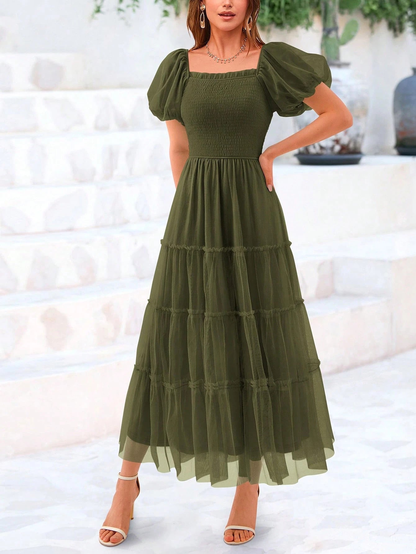 Women's Summer Pleated Mid-Length Tulle Dress Puffy Short Sleeve Square Collar Ruffled Wedding Guest - image 3