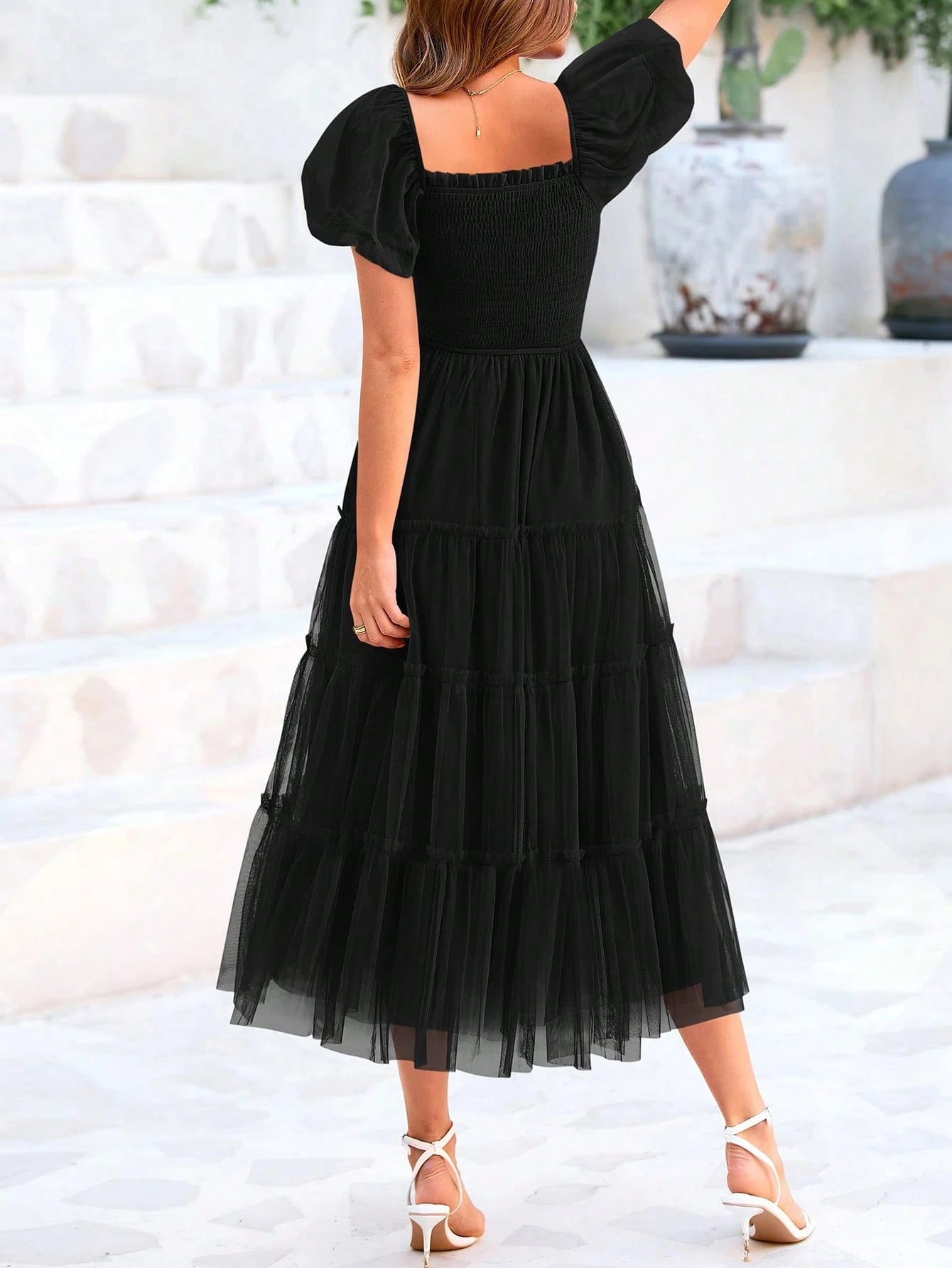 Women's Summer Pleated Mid-Length Tulle Dress Puffy Short Sleeve Square Collar Ruffled Wedding Guest - image 19