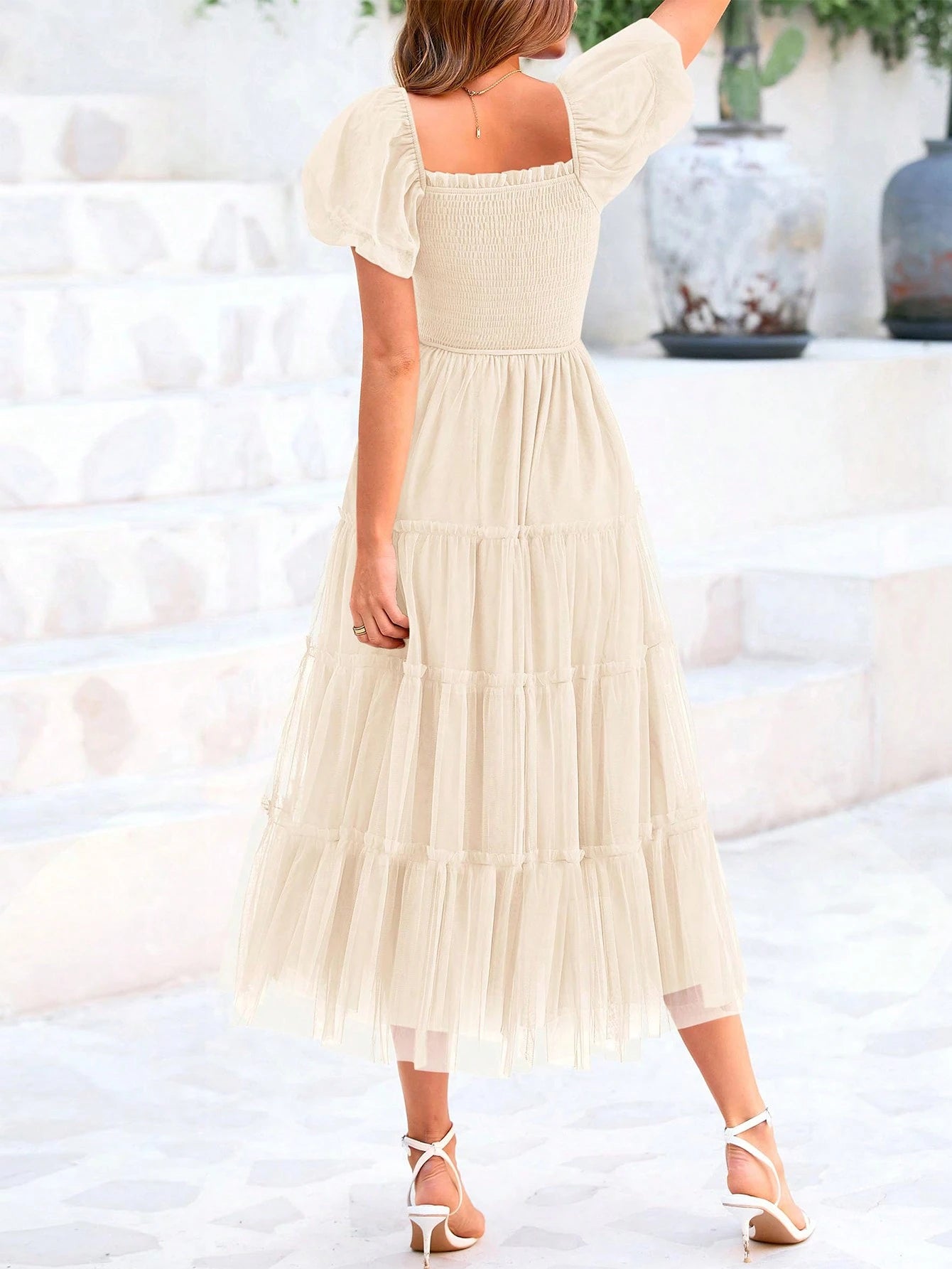 Women's Summer Pleated Mid-Length Tulle Dress Puffy Short Sleeve Square Collar Ruffled Wedding Guest - image 12