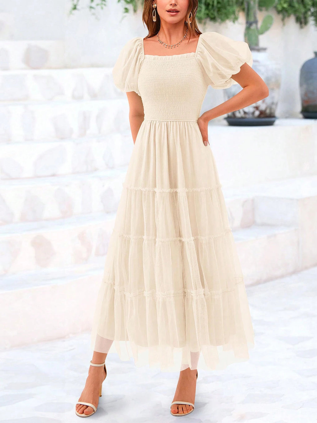 Women's Summer Pleated Mid-Length Tulle Dress Puffy Short Sleeve Square Collar Ruffled Wedding Guest - image 10