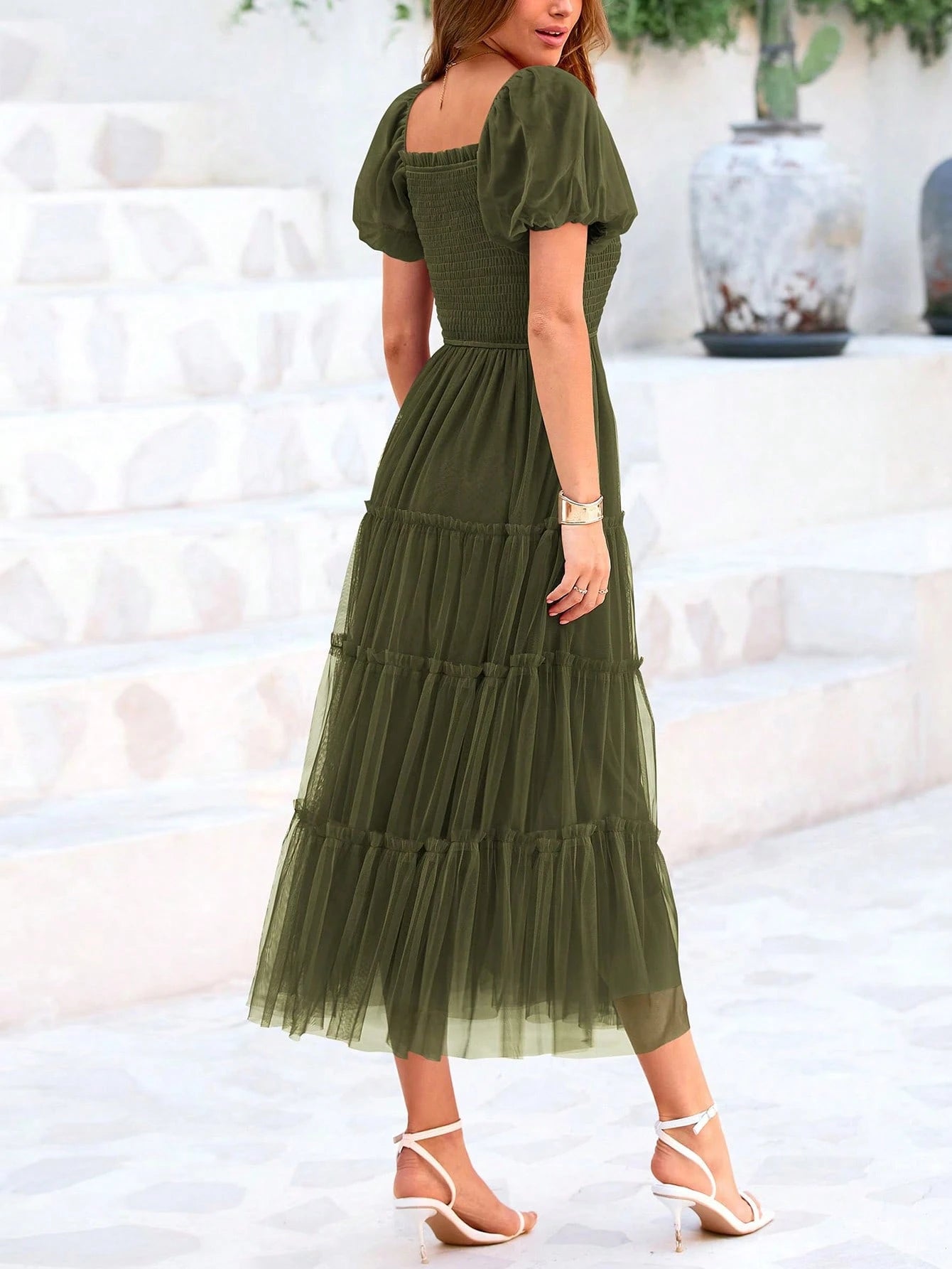 Women's Summer Pleated Mid-Length Tulle Dress Puffy Short Sleeve Square Collar Ruffled Wedding Guest - image 4
