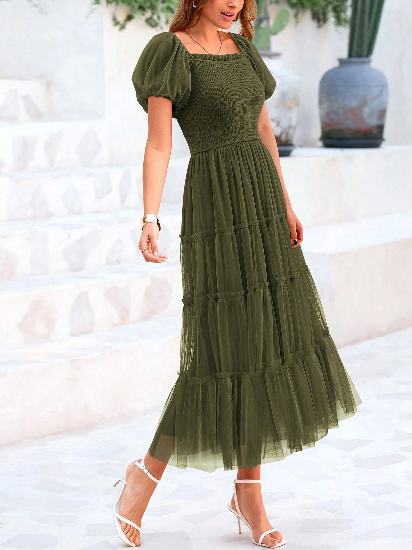 Women's Summer Pleated Mid-Length Tulle Dress Puffy Short Sleeve Square Collar Ruffled Wedding Guest - image 6