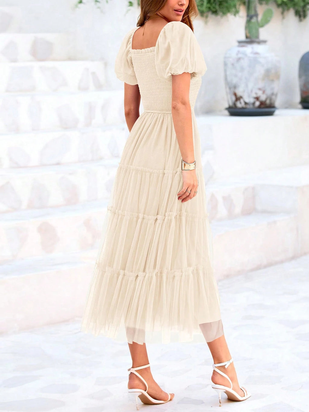 Women's Summer Pleated Mid-Length Tulle Dress Puffy Short Sleeve Square Collar Ruffled Wedding Guest - image 11