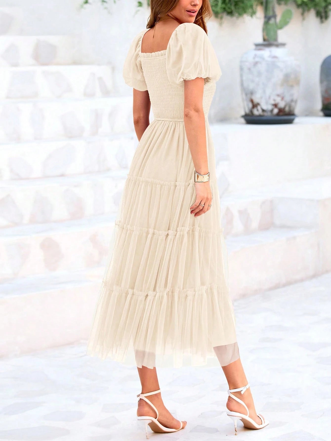 Women's Summer Pleated Mid-Length Tulle Dress Puffy Short Sleeve Square Collar Ruffled Wedding Guest - image 11