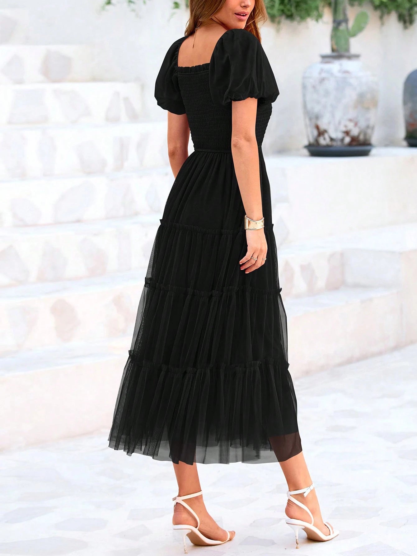 Women's Summer Pleated Mid-Length Tulle Dress Puffy Short Sleeve Square Collar Ruffled Wedding Guest - image 18
