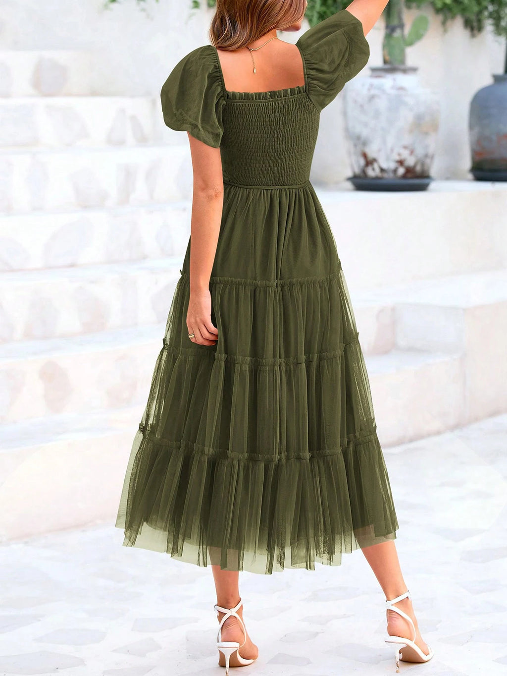 Women's Summer Pleated Mid-Length Tulle Dress Puffy Short Sleeve Square Collar Ruffled Wedding Guest - image 5