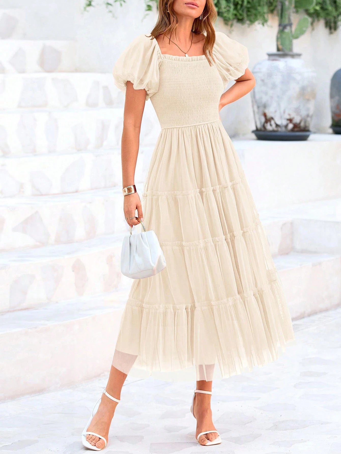 Women's Summer Pleated Mid-Length Tulle Dress Puffy Short Sleeve Square Collar Ruffled Wedding Guest - image 8