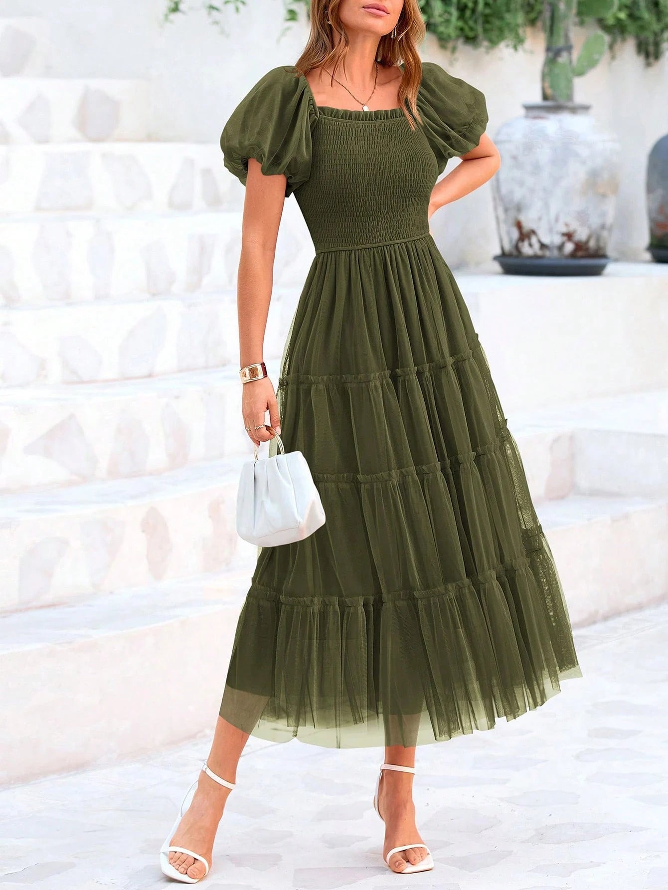 Women's Summer Pleated Mid-Length Tulle Dress Puffy Short Sleeve Square Collar Ruffled Wedding Guest