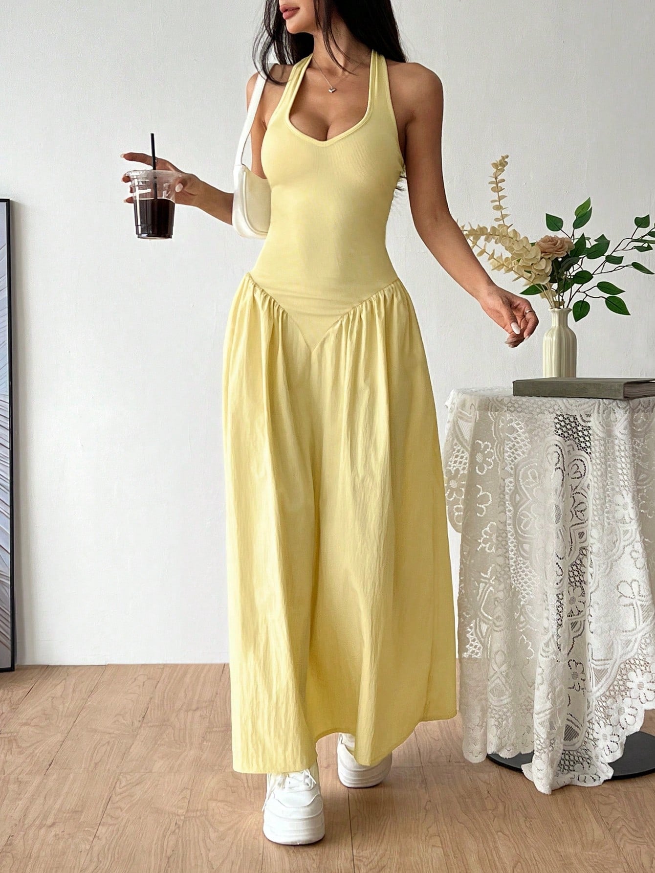 Flirla French Deep V-Neck Sexy Halter Tie-Up Splice Ruched Waist Dress
