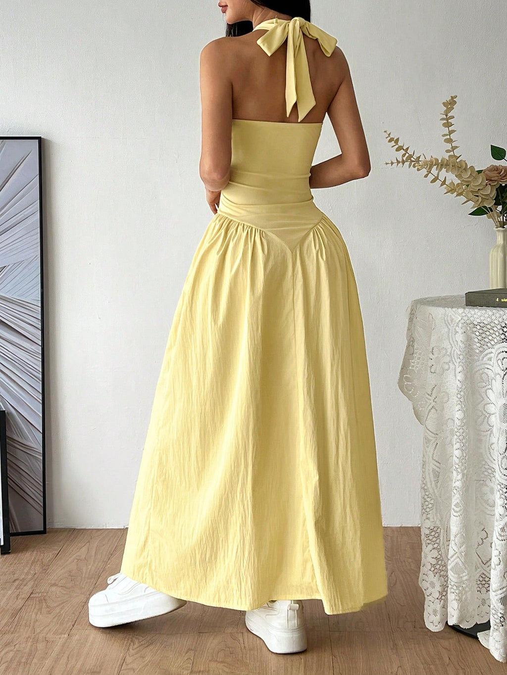 Flirla French Deep V-Neck Sexy Halter Tie-Up Splice Ruched Waist Dress