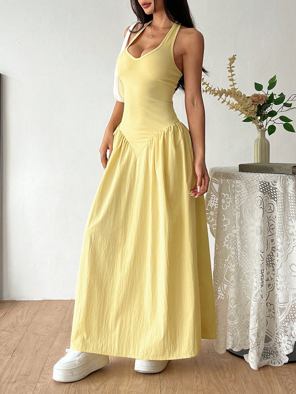 Flirla French Deep V-Neck Sexy Halter Tie-Up Splice Ruched Waist Dress
