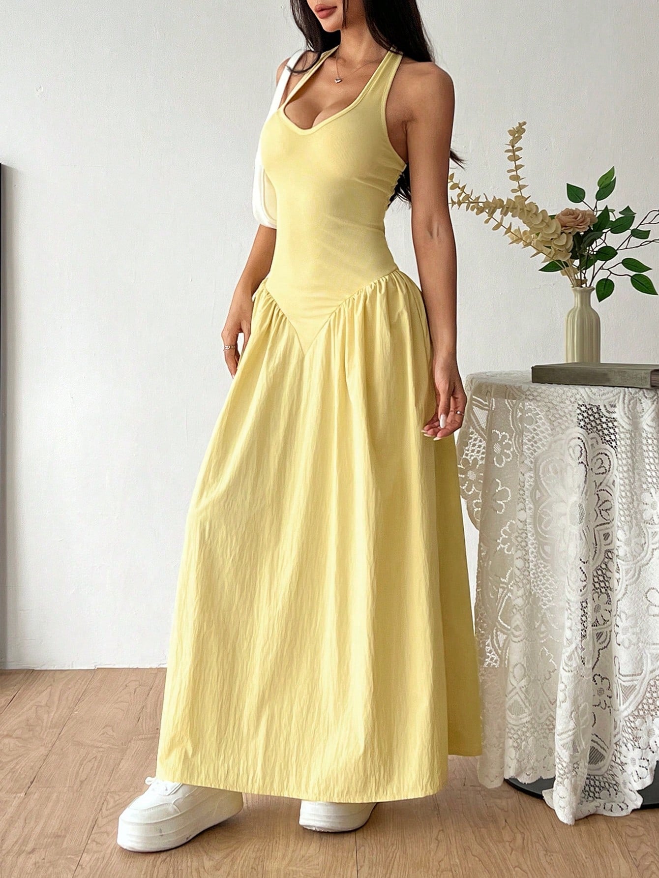 Flirla French Deep V-Neck Sexy Halter Tie-Up Splice Ruched Waist Dress