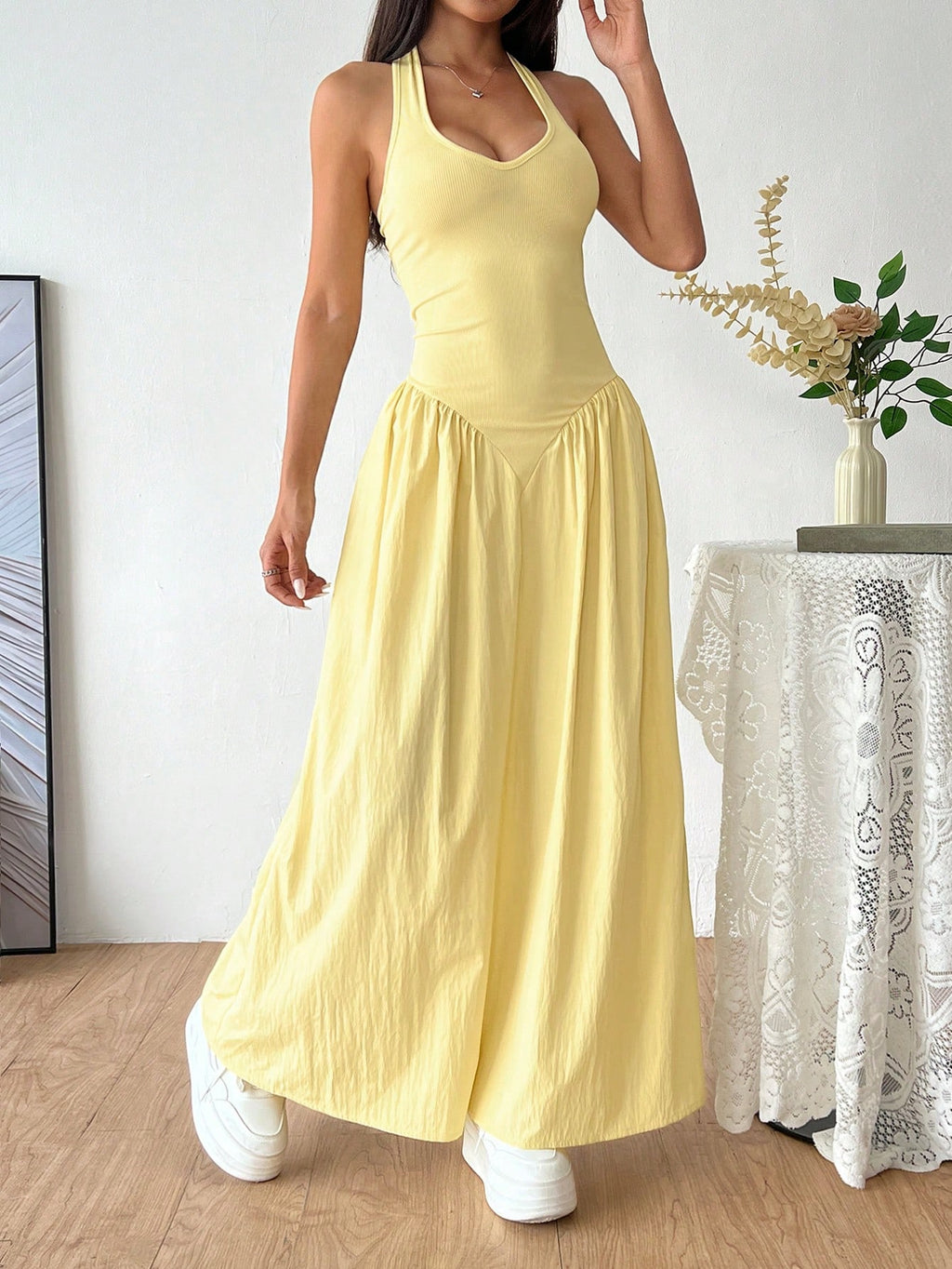 Flirla French Deep V-Neck Sexy Halter Tie-Up Splice Ruched Waist Dress