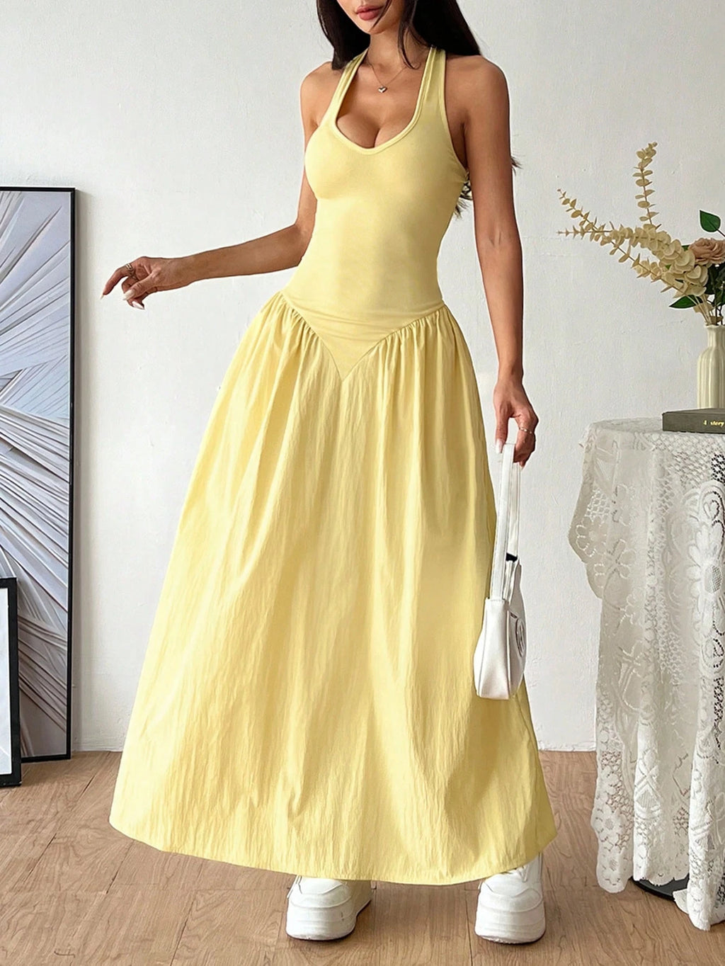 Flirla French Deep V-Neck Sexy Halter Tie-Up Splice Ruched Waist Dress