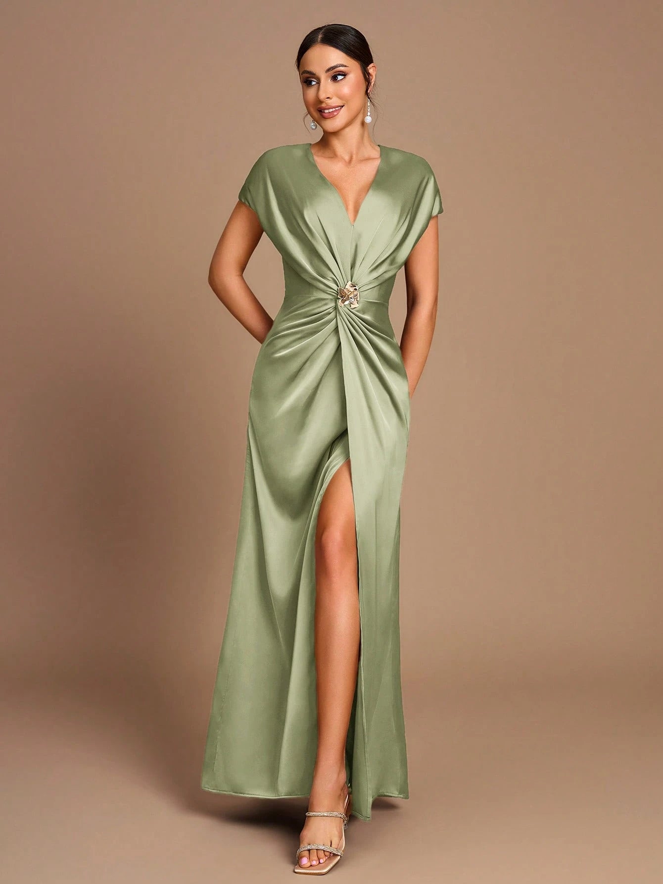 Belle Elegant Romantic Dignified Brown Satin Pleated Sleeveless A-Hem Side Slit Bridesmaid Dress - image 8