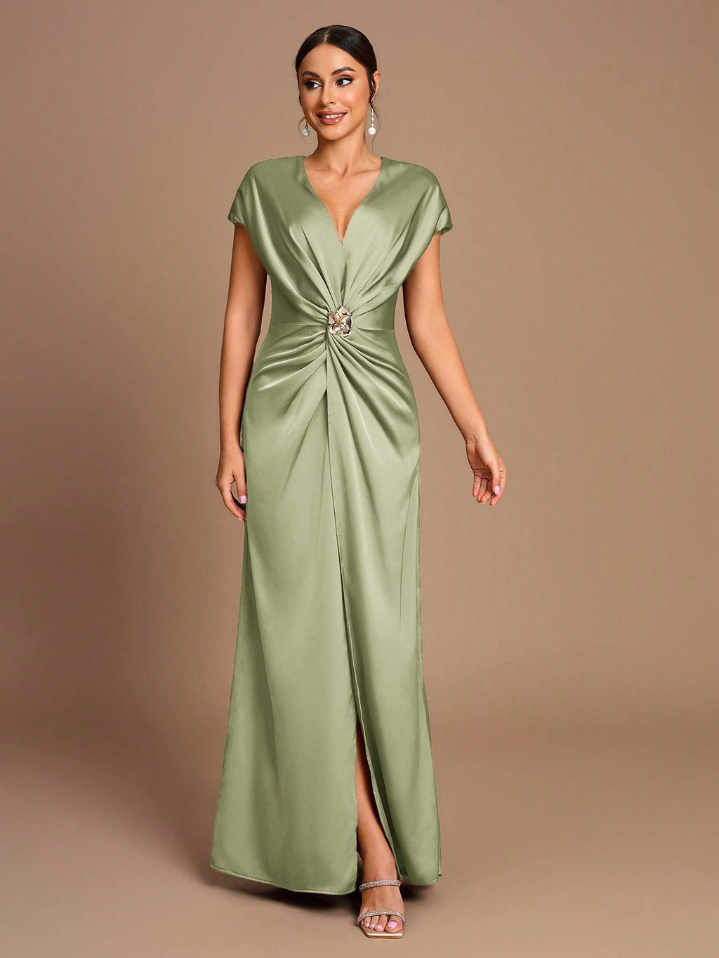 Belle Elegant Romantic Dignified Brown Satin Pleated Sleeveless A-Hem Side Slit Bridesmaid Dress - image 13