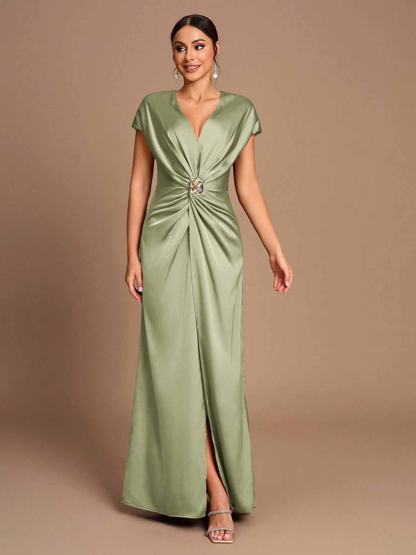 Belle Elegant Romantic Dignified Brown Satin Pleated Sleeveless A-Hem Side Slit Bridesmaid Dress - image 13