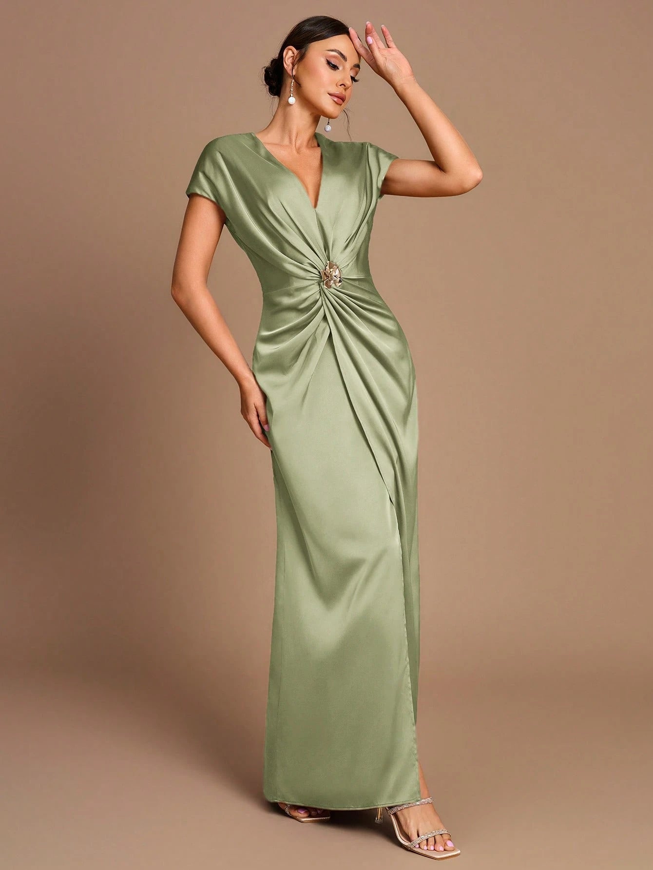 Belle Elegant Romantic Dignified Brown Satin Pleated Sleeveless A-Hem Side Slit Bridesmaid Dress - image 14