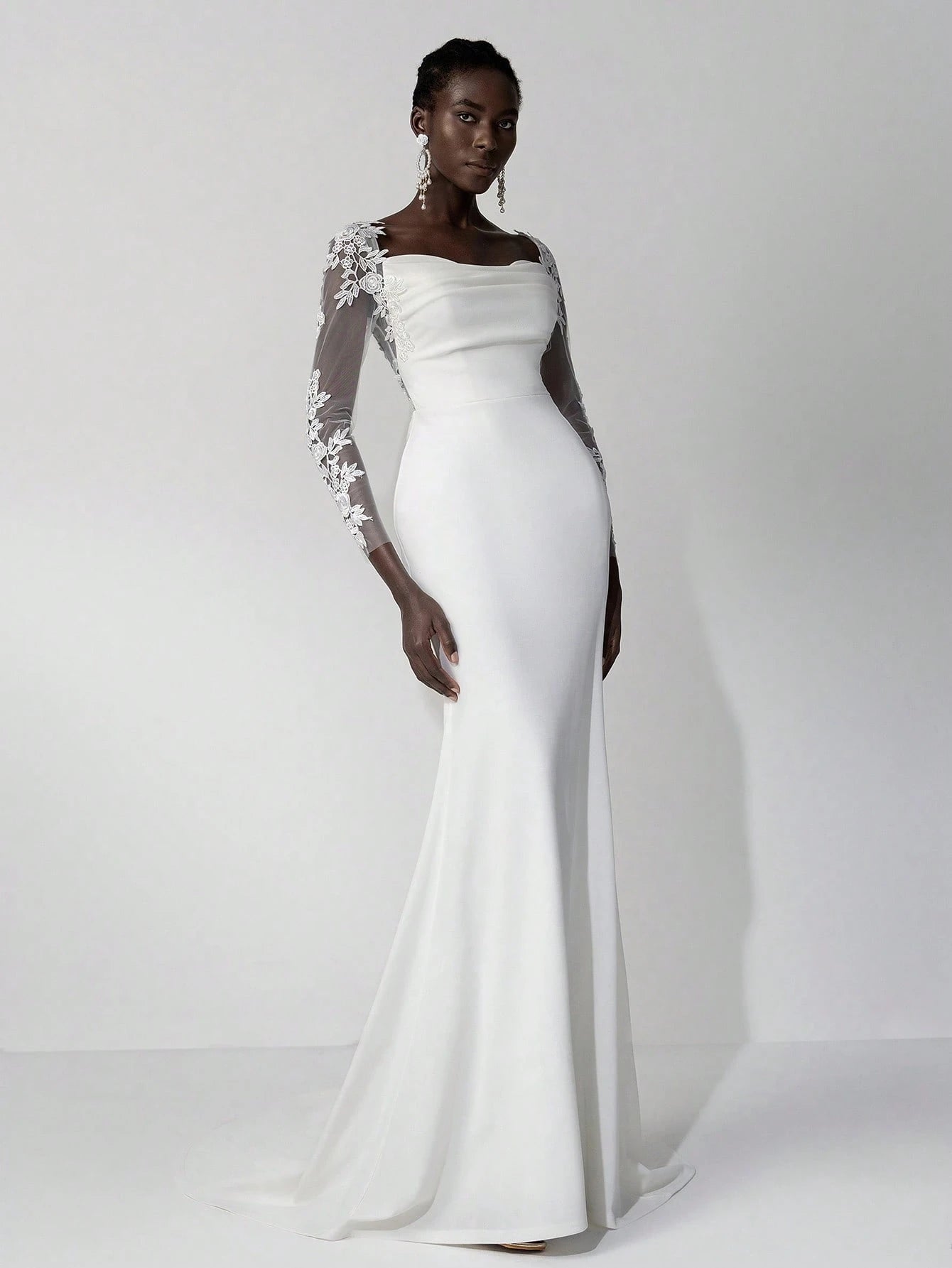 Belle White Summer Elegant Wedding Luxury Embroidered Lace Applique Sheer Long Sleeve Backless Elastic Ruched - image 6