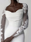 Belle White Summer Elegant Wedding Luxury Embroidered Lace Applique Sheer Long Sleeve Backless Elastic Ruched