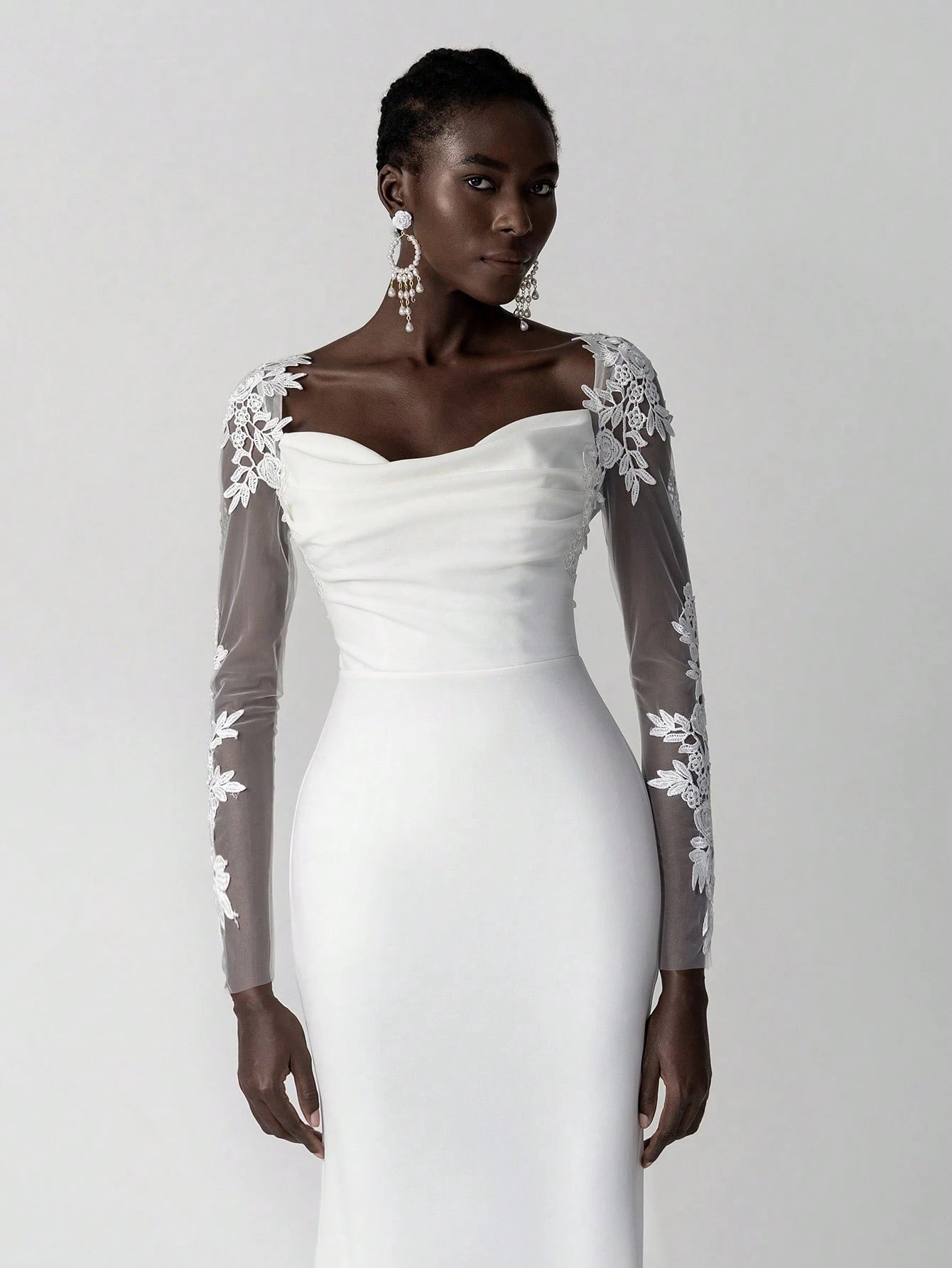 Belle White Summer Elegant Wedding Luxury Embroidered Lace Applique Sheer Long Sleeve Backless Elastic Ruched - image 7