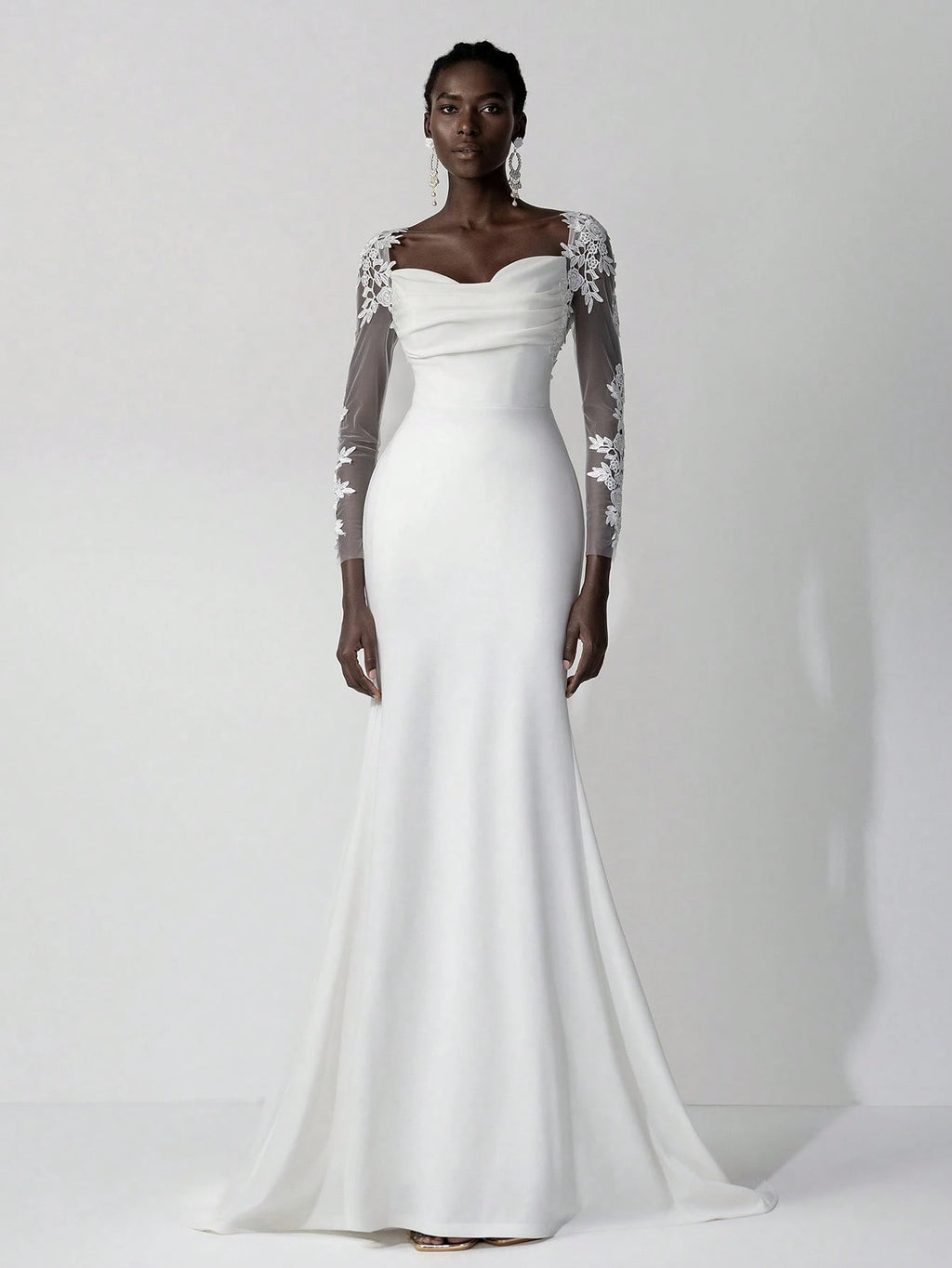 Belle White Summer Elegant Wedding Luxury Embroidered Lace Applique Sheer Long Sleeve Backless Elastic Ruched - image 5