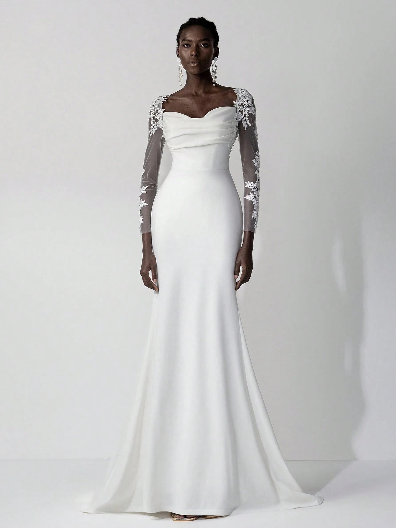 Belle White Summer Elegant Wedding Luxury Embroidered Lace Applique Sheer Long Sleeve Backless Elastic Ruched - image 5