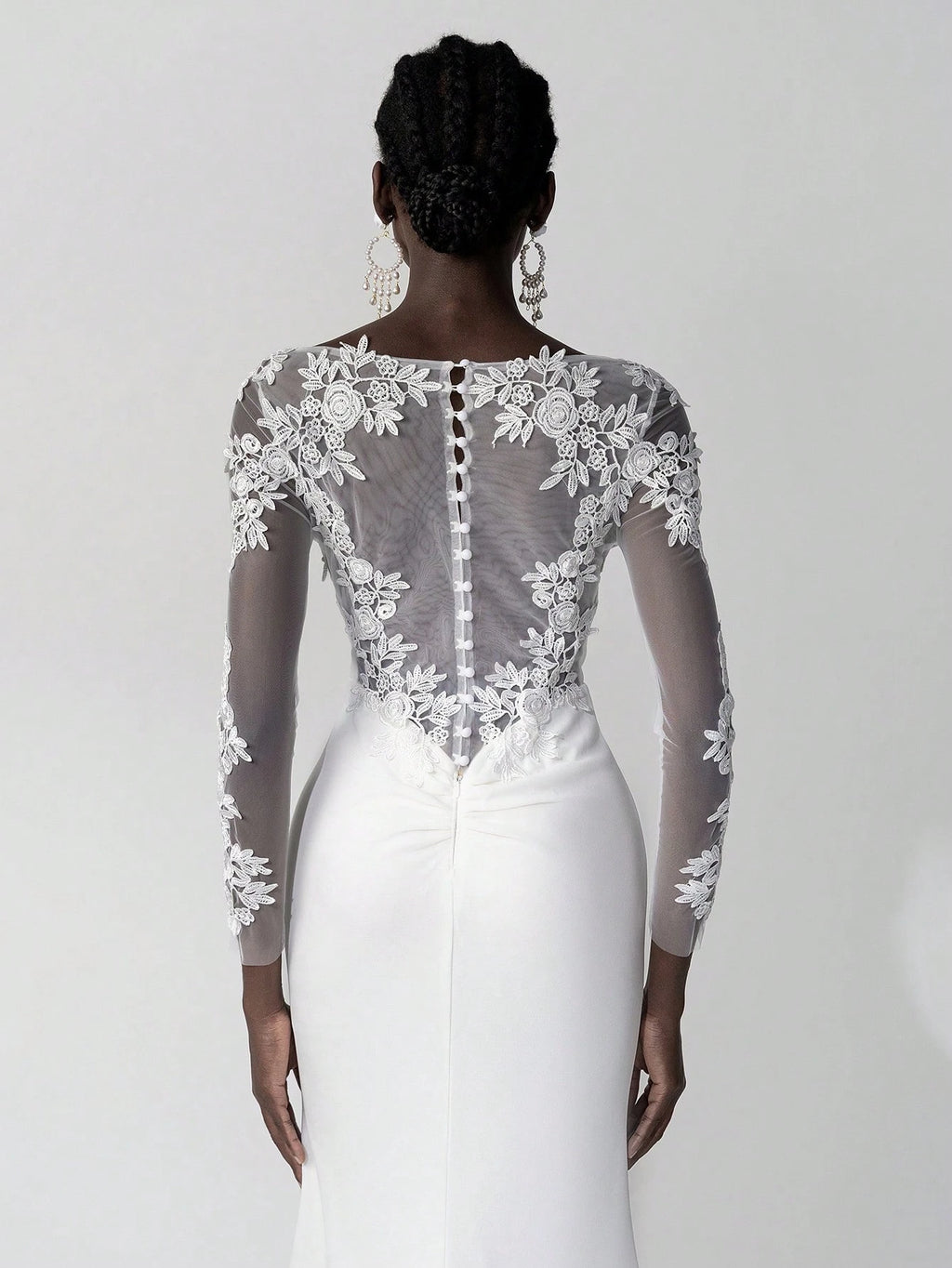 Belle White Summer Elegant Wedding Luxury Embroidered Lace Applique Sheer Long Sleeve Backless Elastic Ruched - image 4