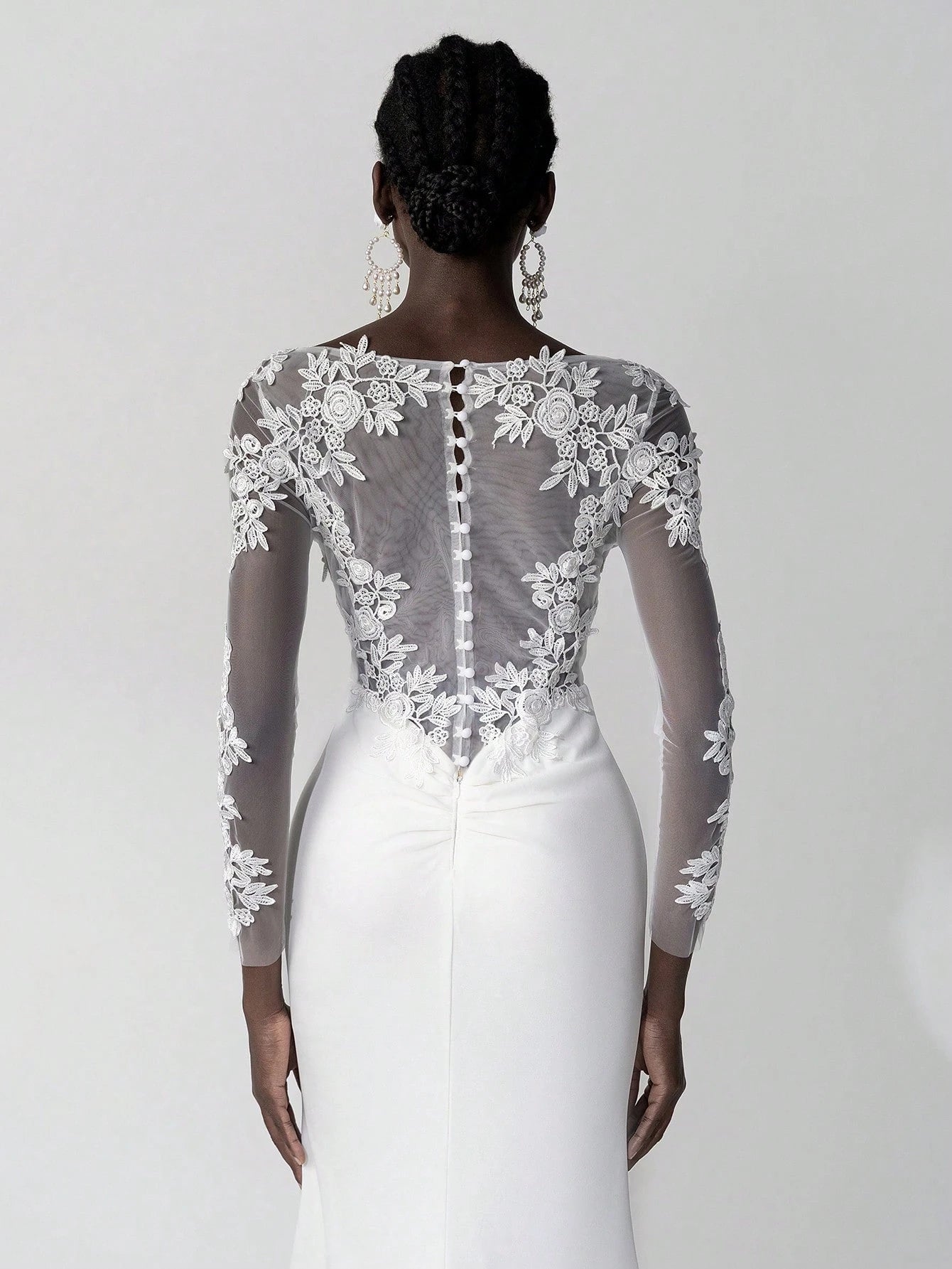 Belle White Summer Elegant Wedding Luxury Embroidered Lace Applique Sheer Long Sleeve Backless Elastic Ruched - image 4