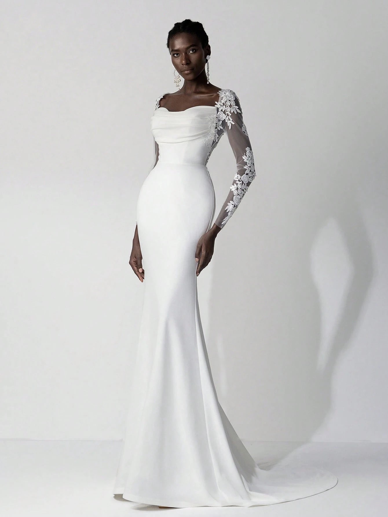 Belle White Summer Elegant Wedding Luxury Embroidered Lace Applique Sheer Long Sleeve Backless Elastic Ruched - image 3