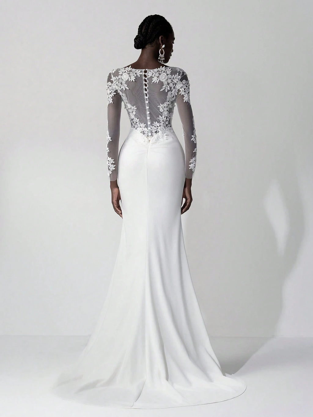 Belle White Summer Elegant Wedding Luxury Embroidered Lace Applique Sheer Long Sleeve Backless Elastic Ruched - image 2