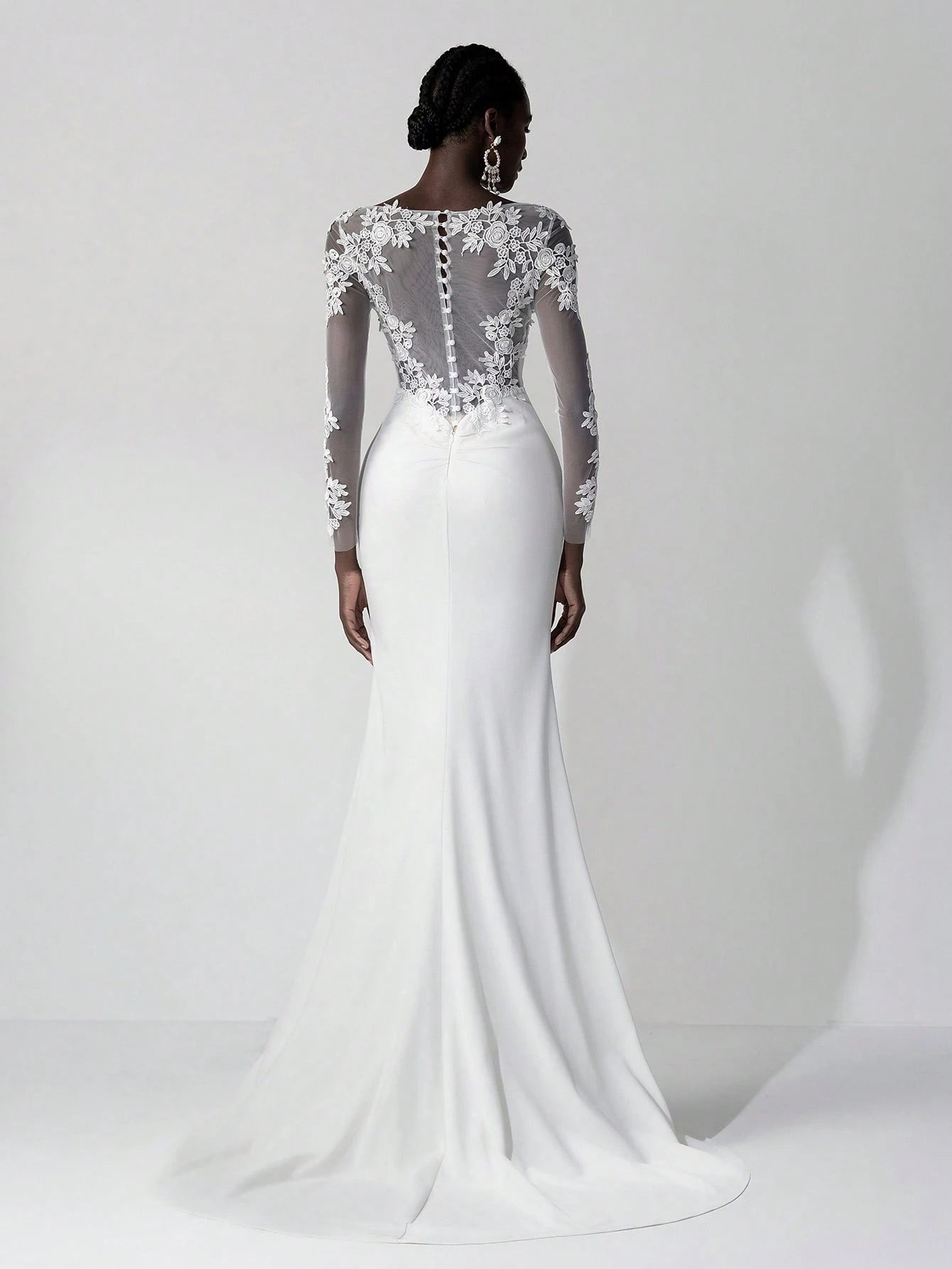 Belle White Summer Elegant Wedding Luxury Embroidered Lace Applique Sheer Long Sleeve Backless Elastic Ruched - image 2