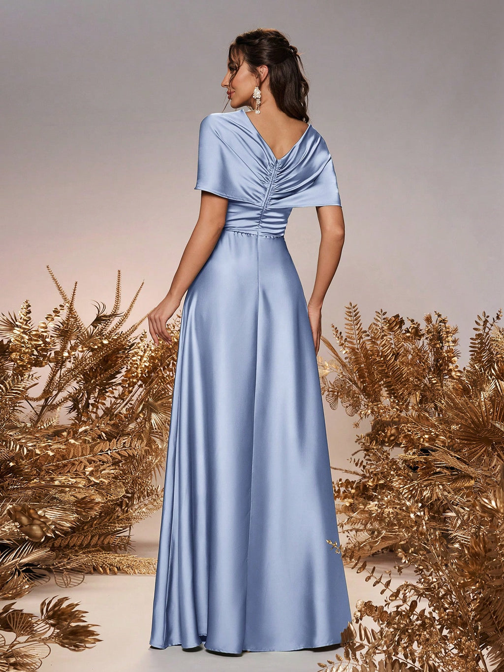 Belle Elegant And Romantic Green Satin Asymmetrical Neck Twisted Asymmetric Shawl Bow A-Line Hem Dress - image 9