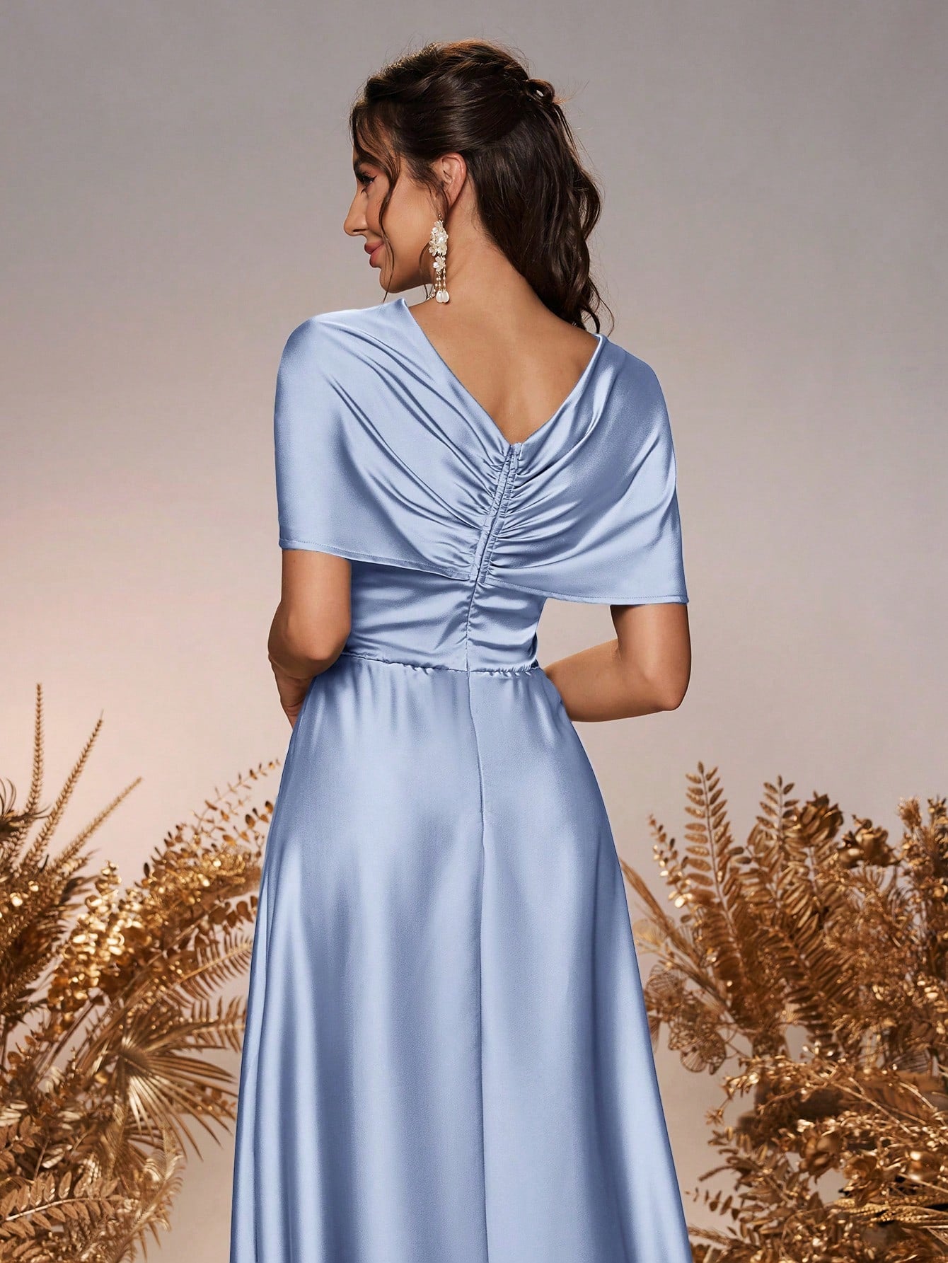 Belle Elegant And Romantic Green Satin Asymmetrical Neck Twisted Asymmetric Shawl Bow A-Line Hem Dress - image 10