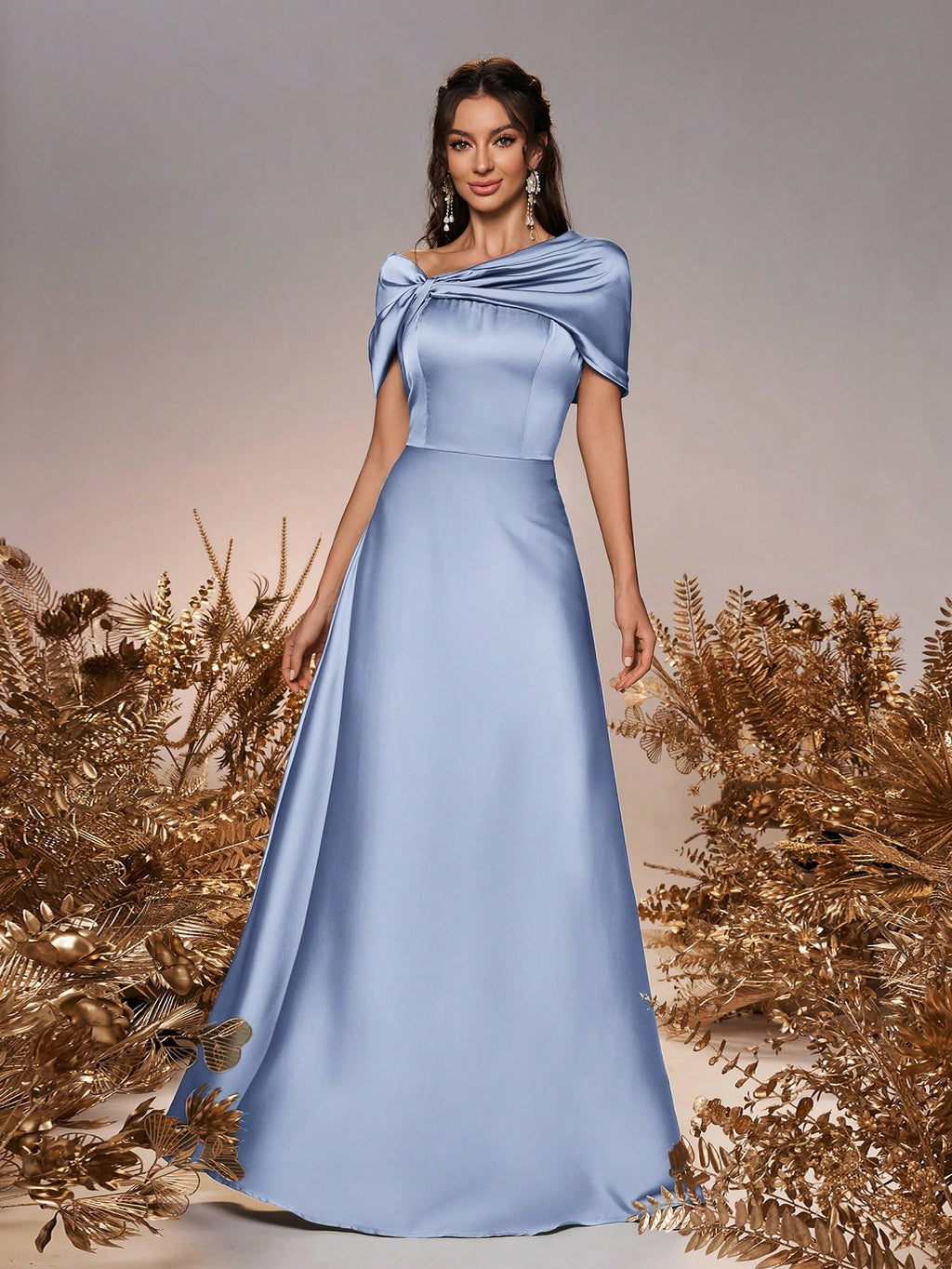 Belle Elegant And Romantic Green Satin Asymmetrical Neck Twisted Asymmetric Shawl Bow A-Line Hem Dress - image 11