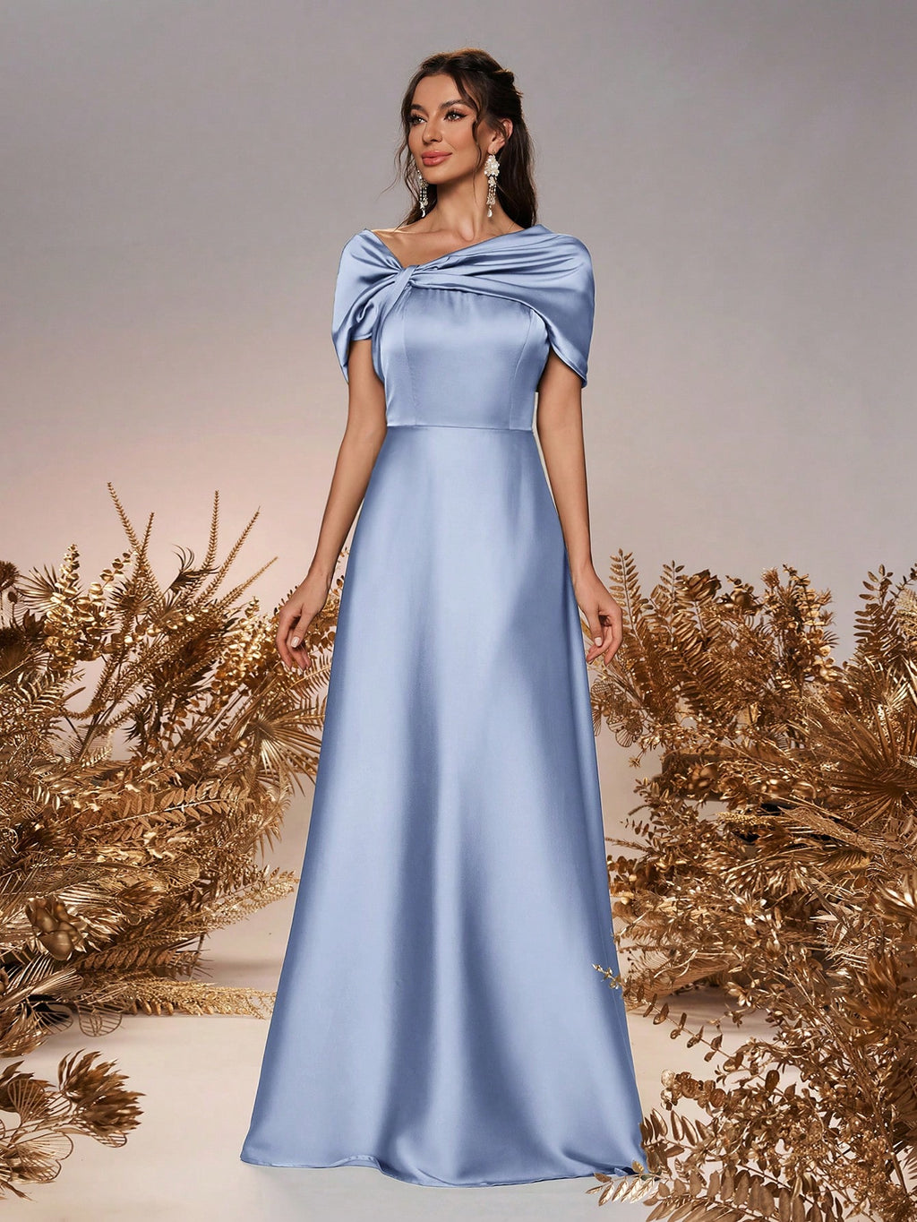 Belle Elegant And Romantic Green Satin Asymmetrical Neck Twisted Asymmetric Shawl Bow A-Line Hem Dress - image 12