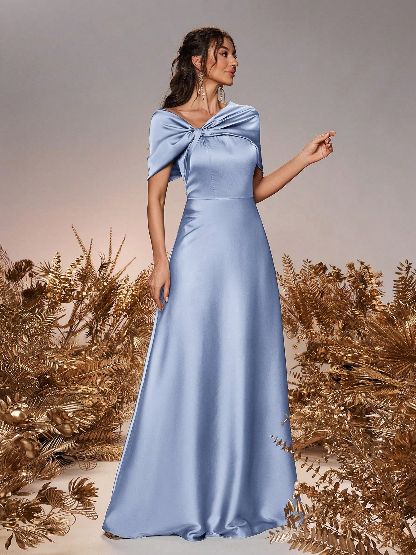 Belle Elegant And Romantic Green Satin Asymmetrical Neck Twisted Asymmetric Shawl Bow A-Line Hem Dress - image 13