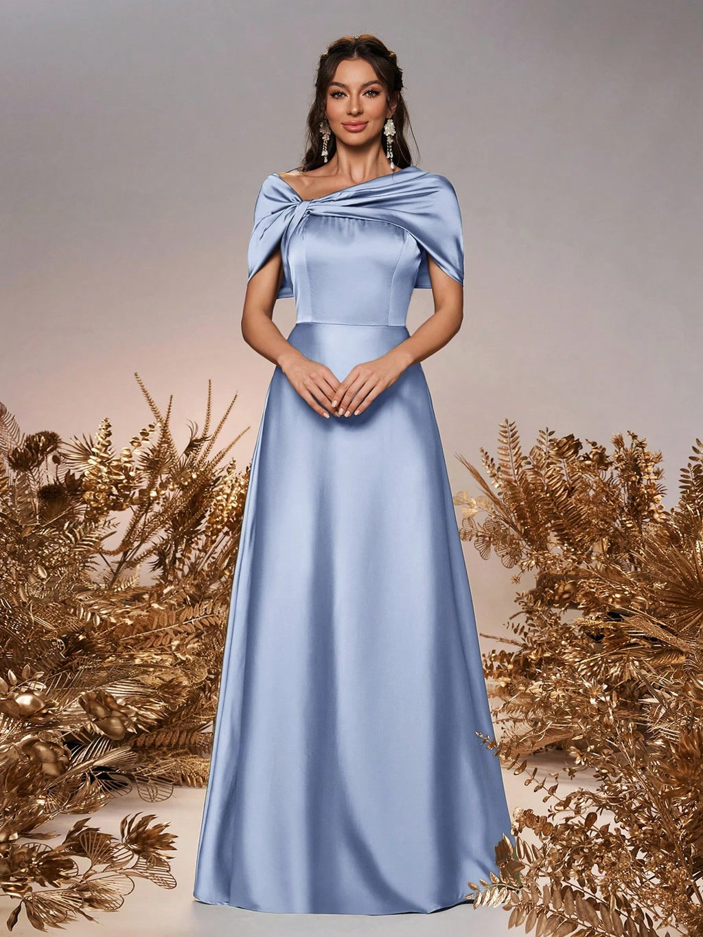 Belle Elegant And Romantic Green Satin Asymmetrical Neck Twisted Asymmetric Shawl Bow A-Line Hem Dress - image 14