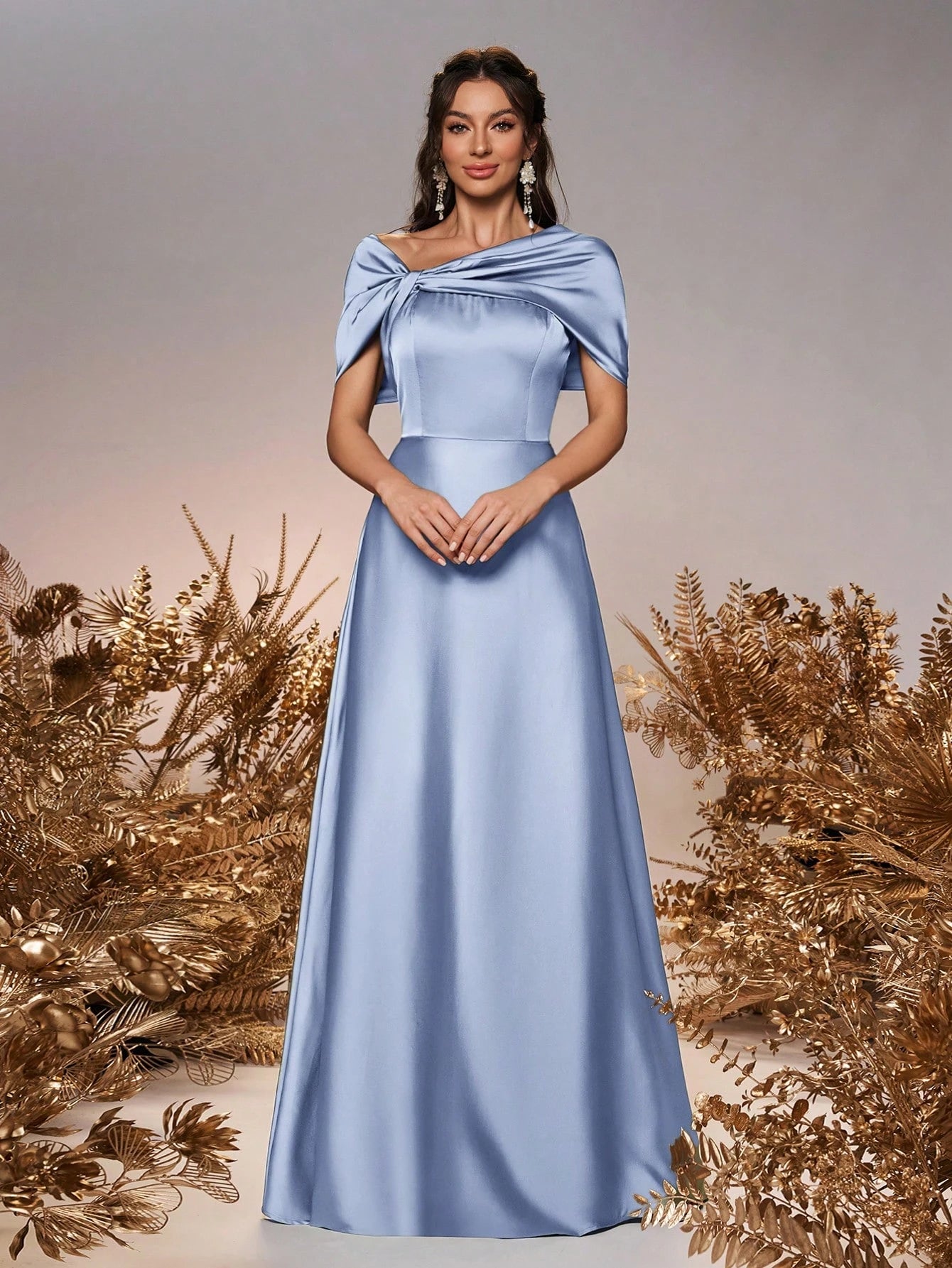 Belle Elegant And Romantic Green Satin Asymmetrical Neck Twisted Asymmetric Shawl Bow A-Line Hem Dress - image 14