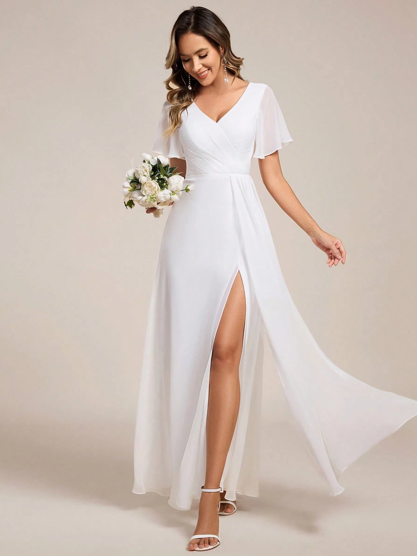 EVERPRETTY Elegant V-Neck High Slit Spring Date Outfit, Single Party Dress, White Formal Dress, Bridal Shower - image 7